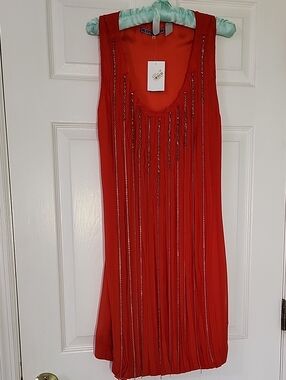 Sugarlips Red Sleeveless Beaded-Stripe Midi Dress With Silver Chains Medium NWT